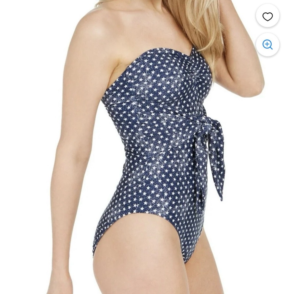 WeWoreWhat One Piece Distressed Navy Star Print Strapless Swim Suit Americana - Picture 2 of 15